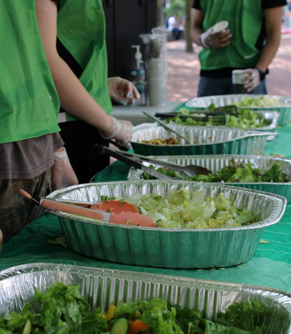 Foil trays of lettuce, salad and pasta with tongs on a green tablecloth.
